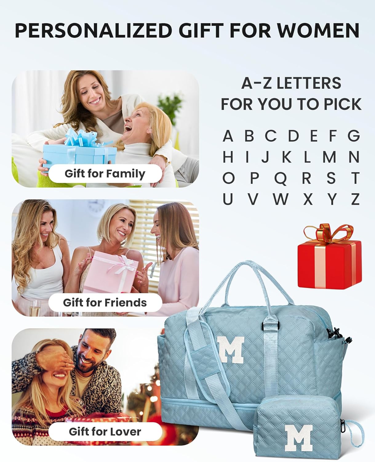 Personalized Gifts-Girls Duffle Bag with Shoe Compartment, Personalized Weekender Bag, Monogram Overnight Bag, Letter Travel Bag with Makeup Bag，Birthday Gift For Women Girl (Letter L)