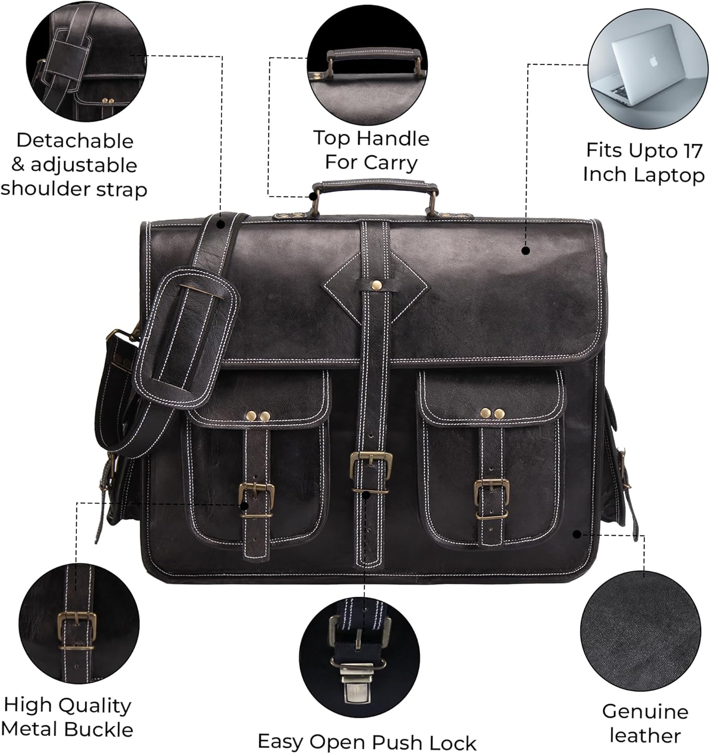 Vintage Leather Laptop Bag for Men Full Grain Large Leather Messenger bag for men 18 inches with rustic look Brown briefcase (Black)