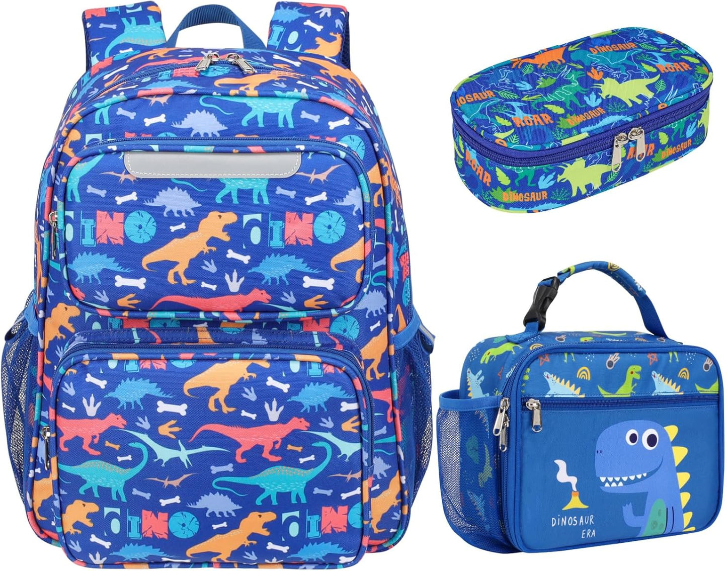 3pcs Kids Backpack Set - 15 Inch Backpack for Boys 3 to 8, Lightweight Bookbag with Lunch Box and Pencil Case for Preschool Kindergarten Elementary School, Insulated Pocket, Blue Dinosaur