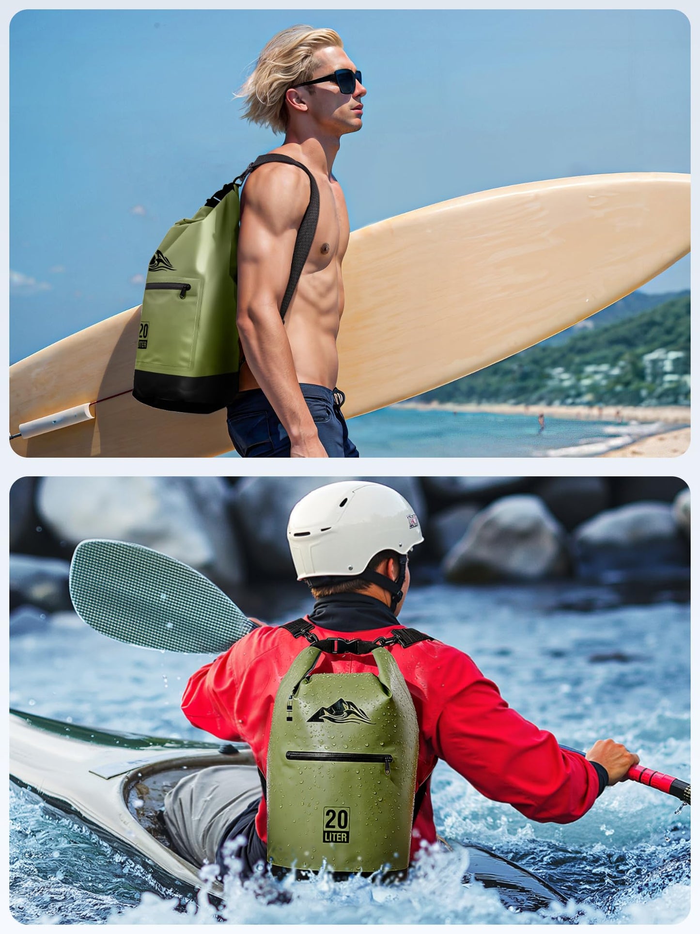 HEETA Waterproof Dry Bag with Front Zippered Pocket for Women Men, Roll Top Lightweight Dry Storage