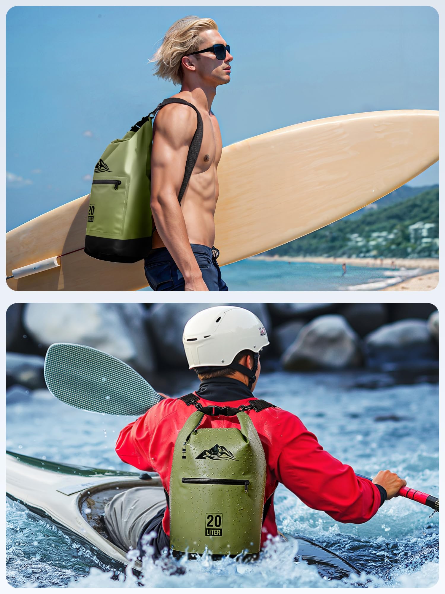 HEETA Waterproof Dry Bag with Front Zippered Pocket for Women Men, Roll Top Lightweight Dry Storage