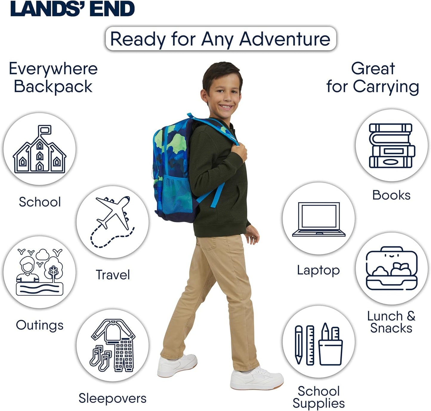 Lands' End Unisex Kids Large ClassMate Lightweight Durable Elementary School Backpack, Bright Blue