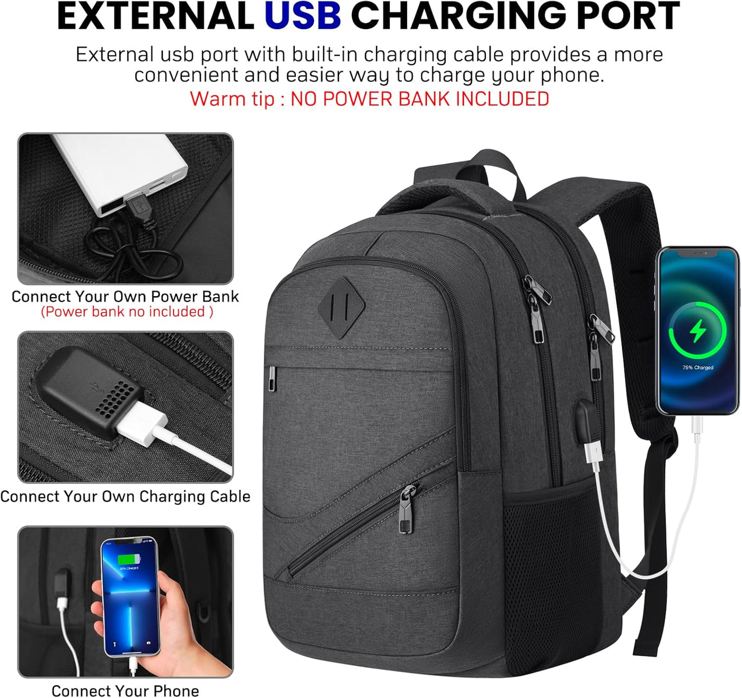 School Laptop Backpack for Women Men: 15.6 Inch College High School Backpacks with USB Charging Port Waterproof Travel Back Pack with Anti-theft Pockets Casual Work Daypack for Boys Students