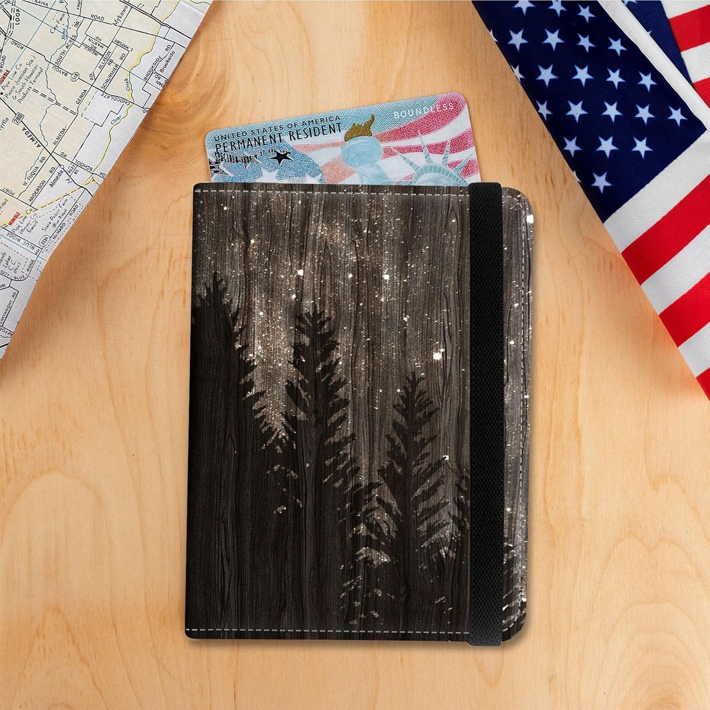 Passport Holder Cover Wallet Travel Essentials RFID Blocking Case Leather Passport Cover Wallet Vaccine Card Slot Organizer for Men Women, Woodgrain starry sky