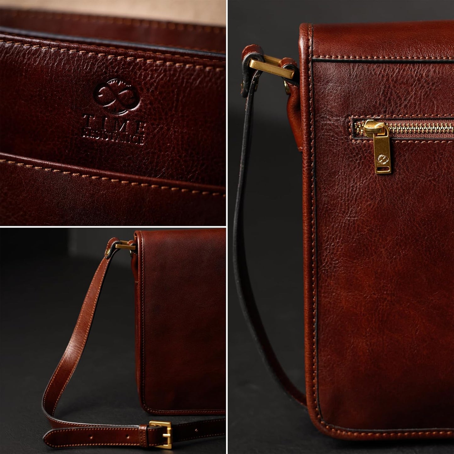 Time Resistance Italian Leather Messenger Bag for Men - Full Grain Leather Men's Crossbody Bag - Tablet Sized Shoulder Bag