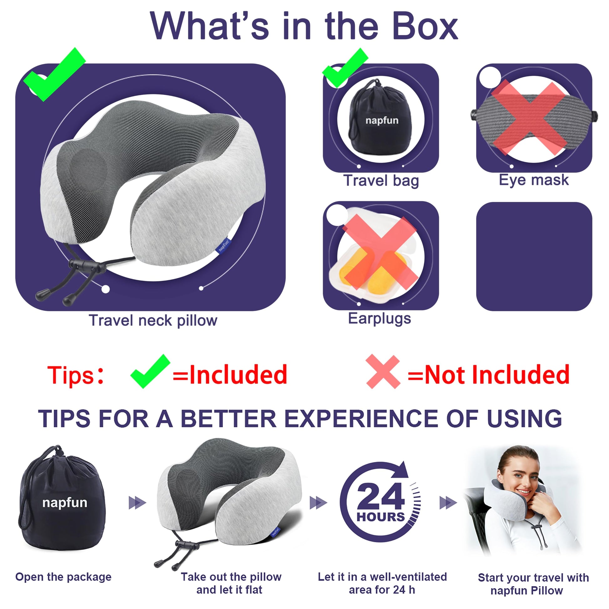 napfun Neck Pillow for Traveling, Upgraded Travel Neck Pillow for Airplane 100% Pure Memory Foam