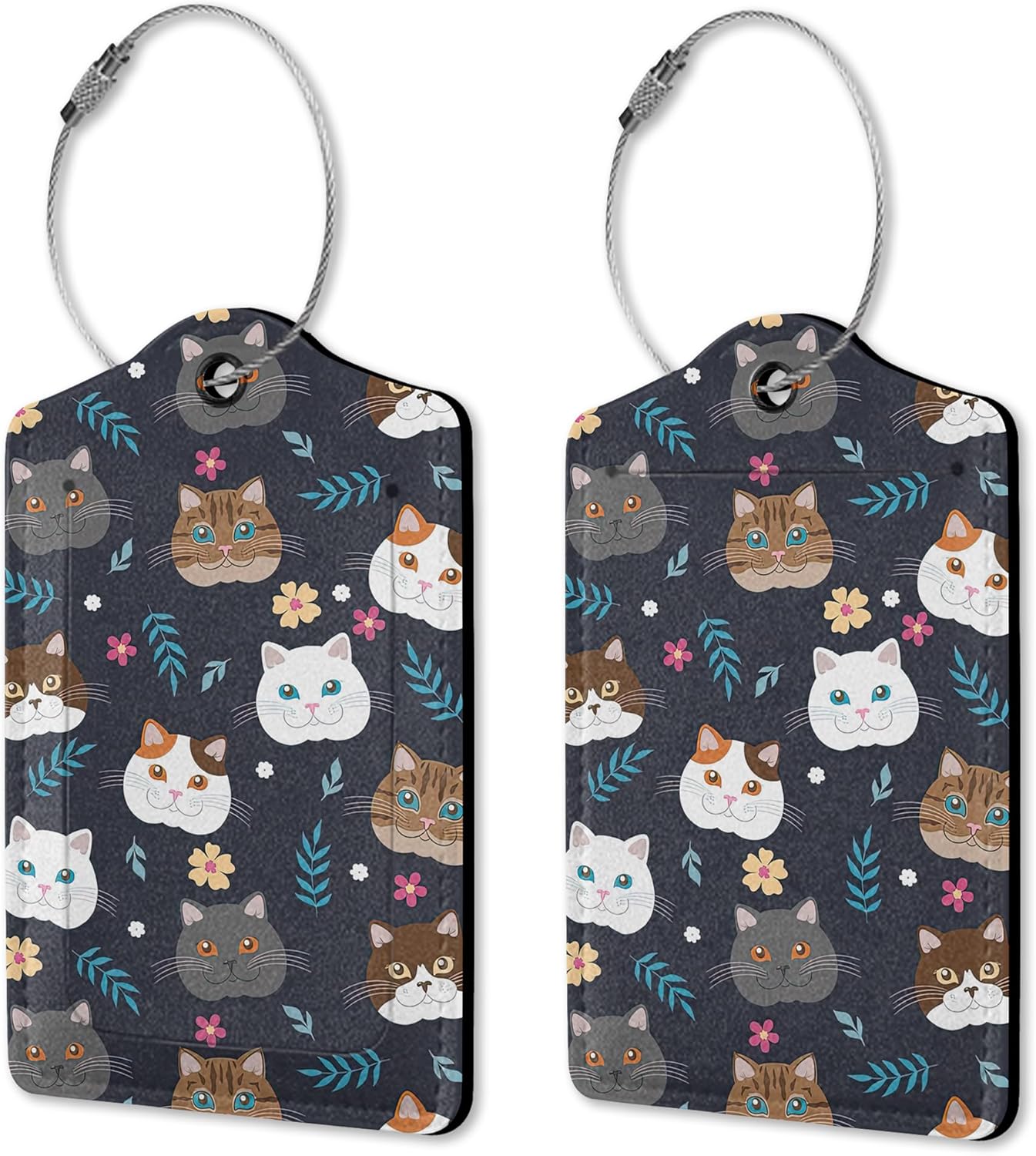 Luggage Tags for Suitcases, 2 Pack Cute Cats Luggage Tag, Leather Stainless Steel Loop Label Tag for Men Travel Bag Suitcase