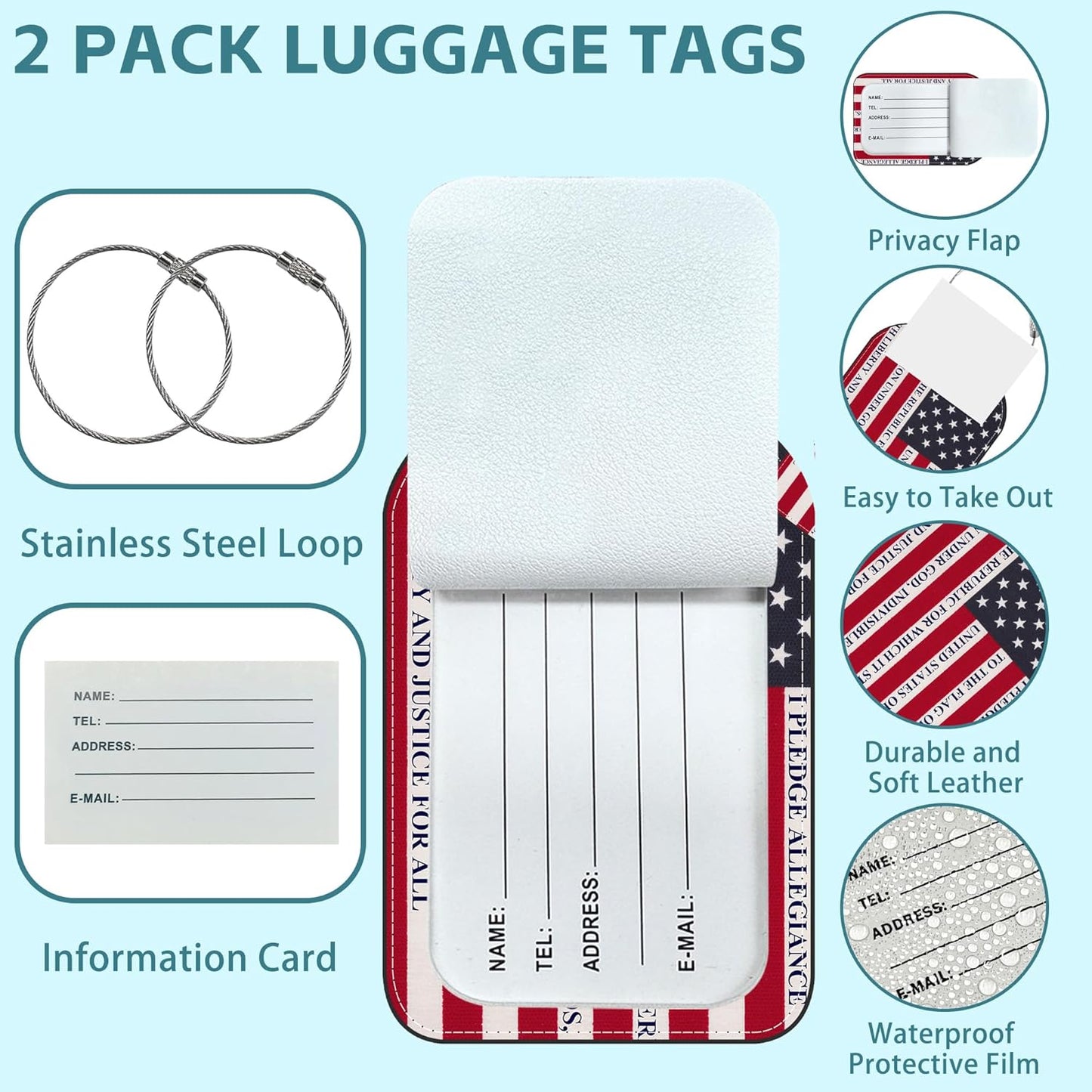 2 Pack Cute Luggage Tag for Suitcases Us Flag Leather Luggage Tags with Stainless Steel Loop Privacy Flap Name Tags,Men and Women Travel Bag Suitcase Tags