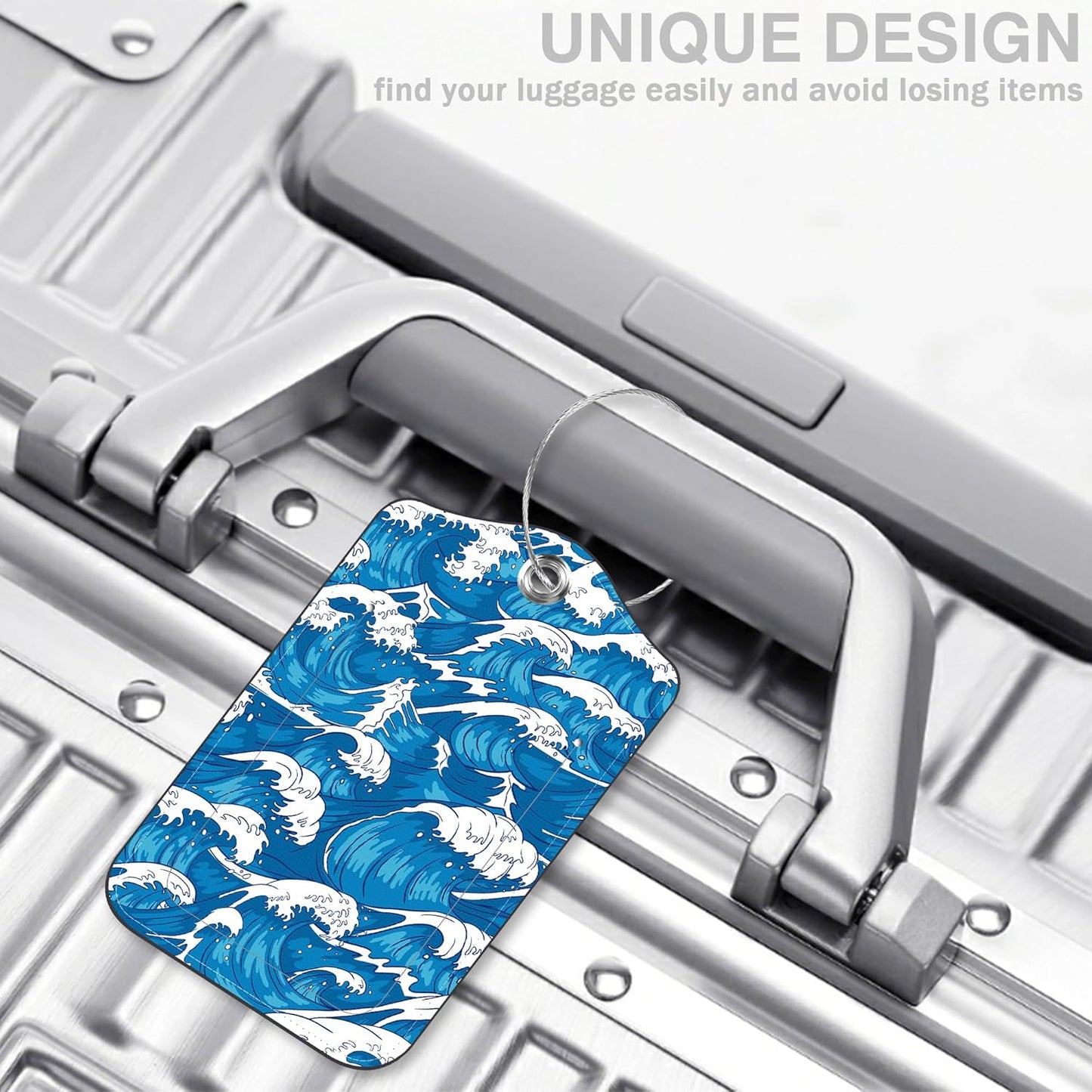 2 Pack Luggage Tags for Suitcases Japanese Sea Wave Leather Luggage Tags Privacy Cover ID Label with Stainless Steel Loop and Address Card for Women Men Travel Bag Backpack