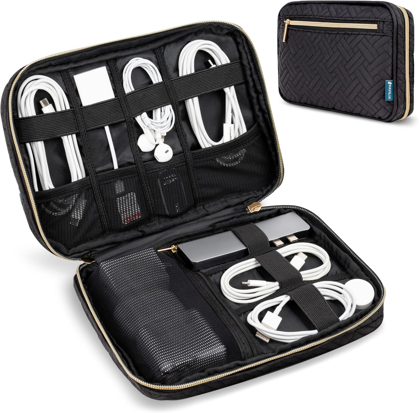 Pavilia Tech Organizer Case - Electronic & Cable Organizer, Small Charger Pouch, Black Quilted Travel Accessory