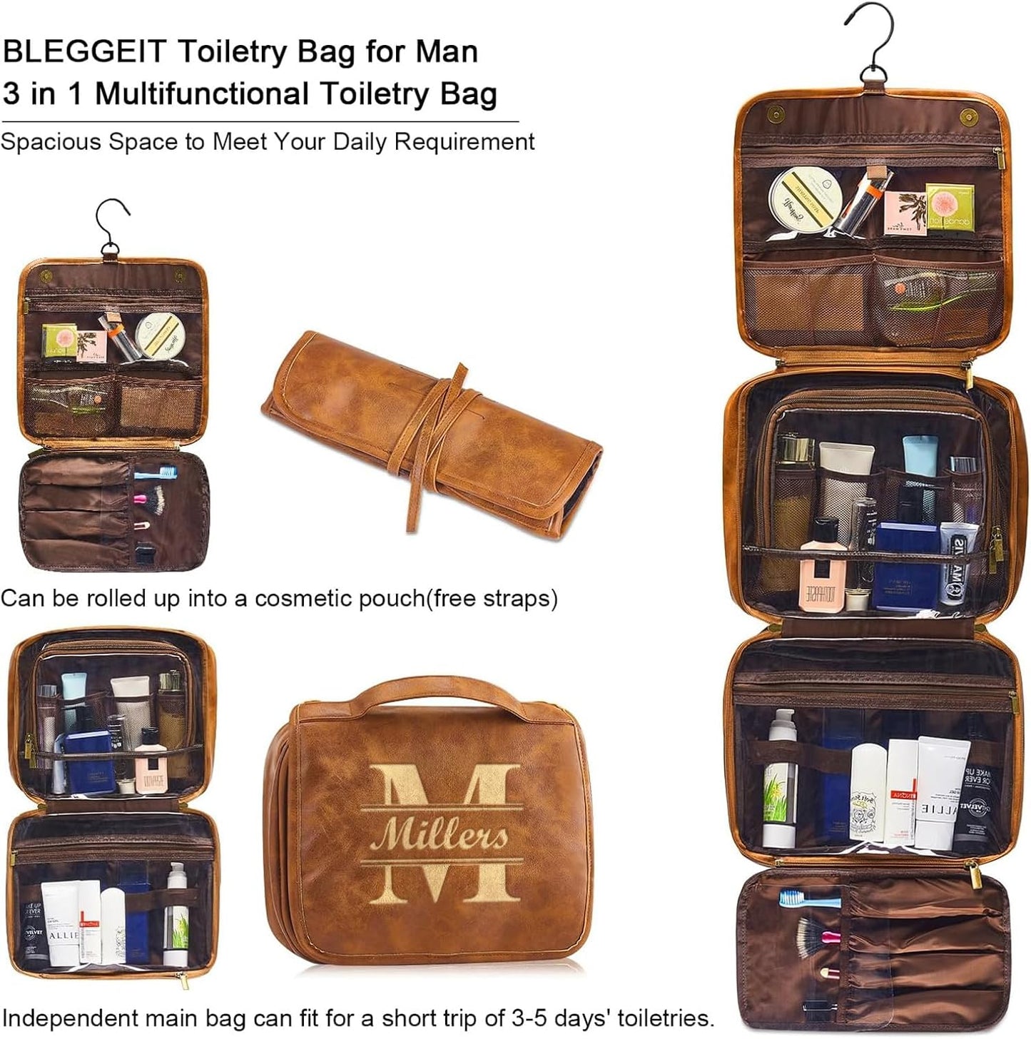 Personalized Toiletry Bag For Men, Large Capacity Travel Doop Kit, Vintage Color PU Leather, Custom