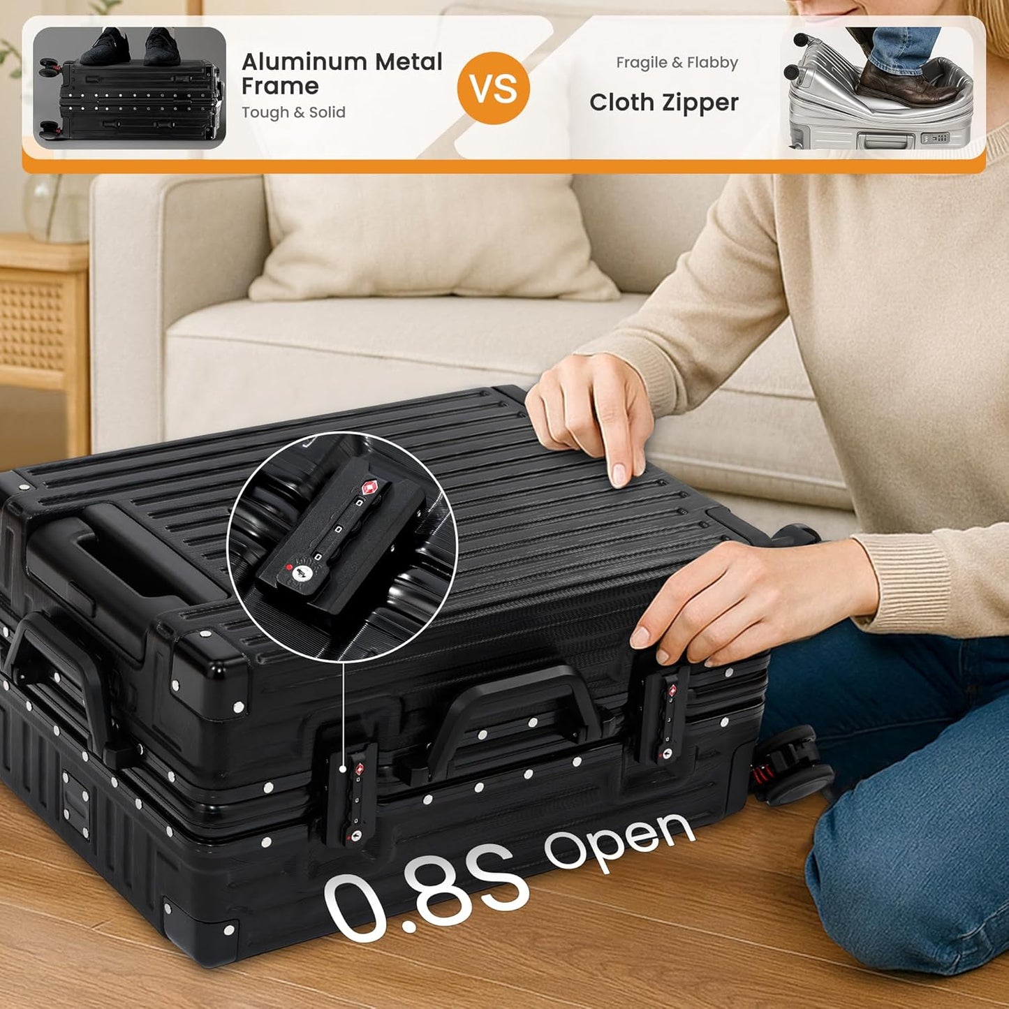 26 Inch Checked Luggage with Spinner Wheels, No Zipper Aluminum Frame Hard Shell Suitcases with TSA