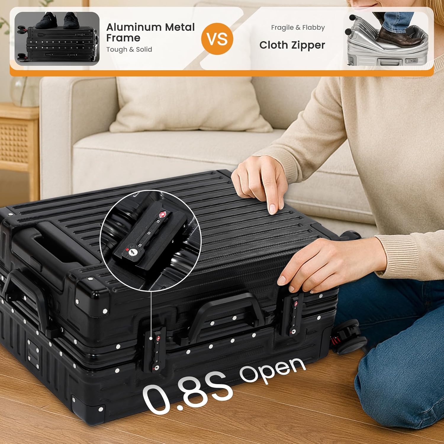 26 Inch Checked Luggage with Spinner Wheels, No Zipper Aluminum Frame Hard Shell Suitcases with TSA