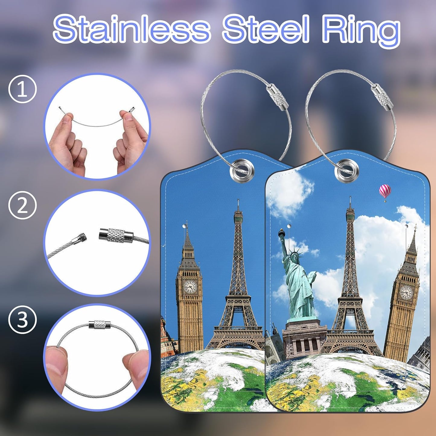 Luggage Tags for Suitcase It's Time to Travel 2 PCS Leather Travel Luggage Tag with Stainless Steel Loop Name ID Label Privacy Cover for Women Men