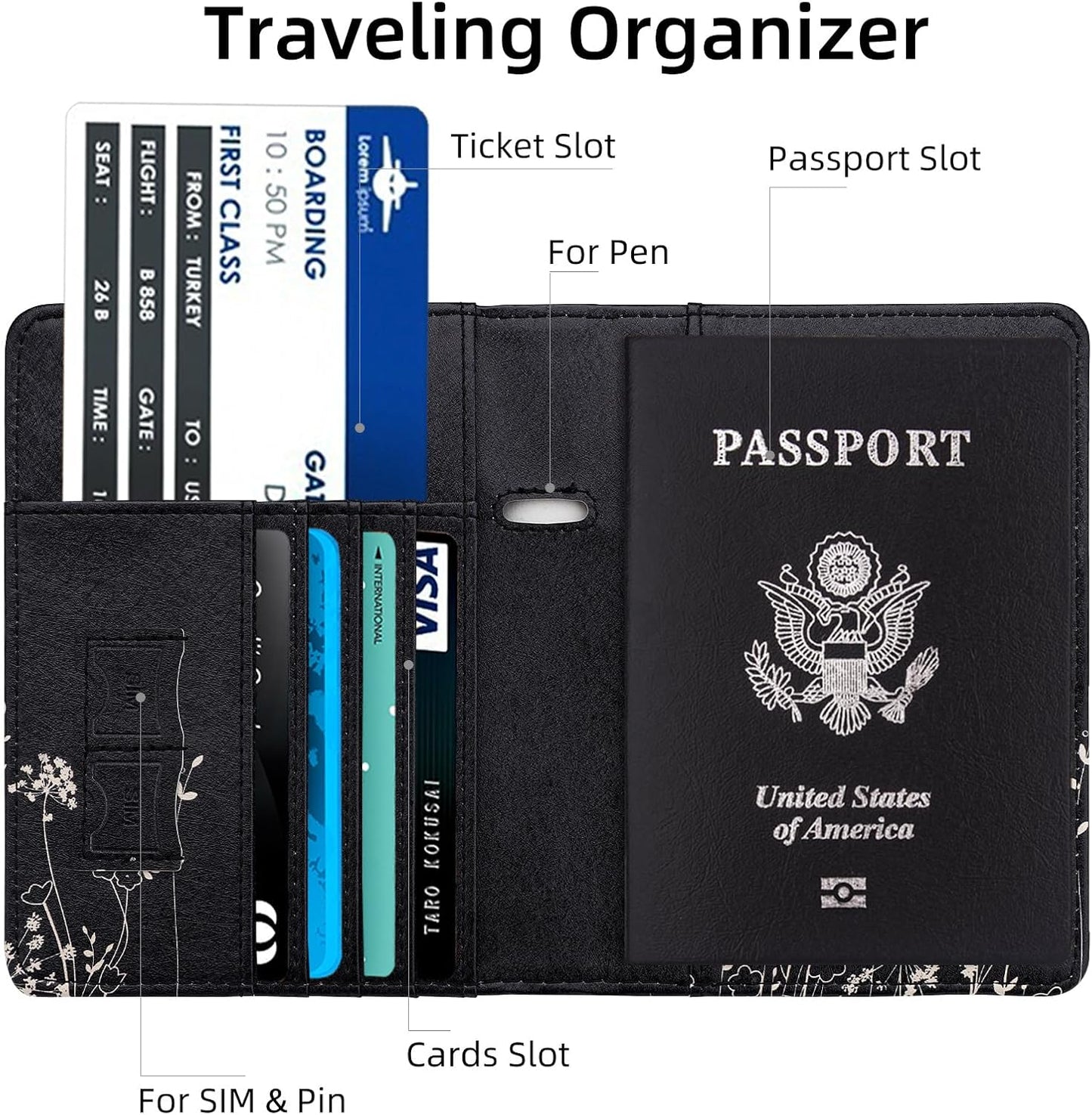 WALNEW Passport Holder for Travel, RFID Passport Cover Wallet for Women Men, PU Leather Passport Book Card Holder Case with Pen, Travelling Essentials for Flying