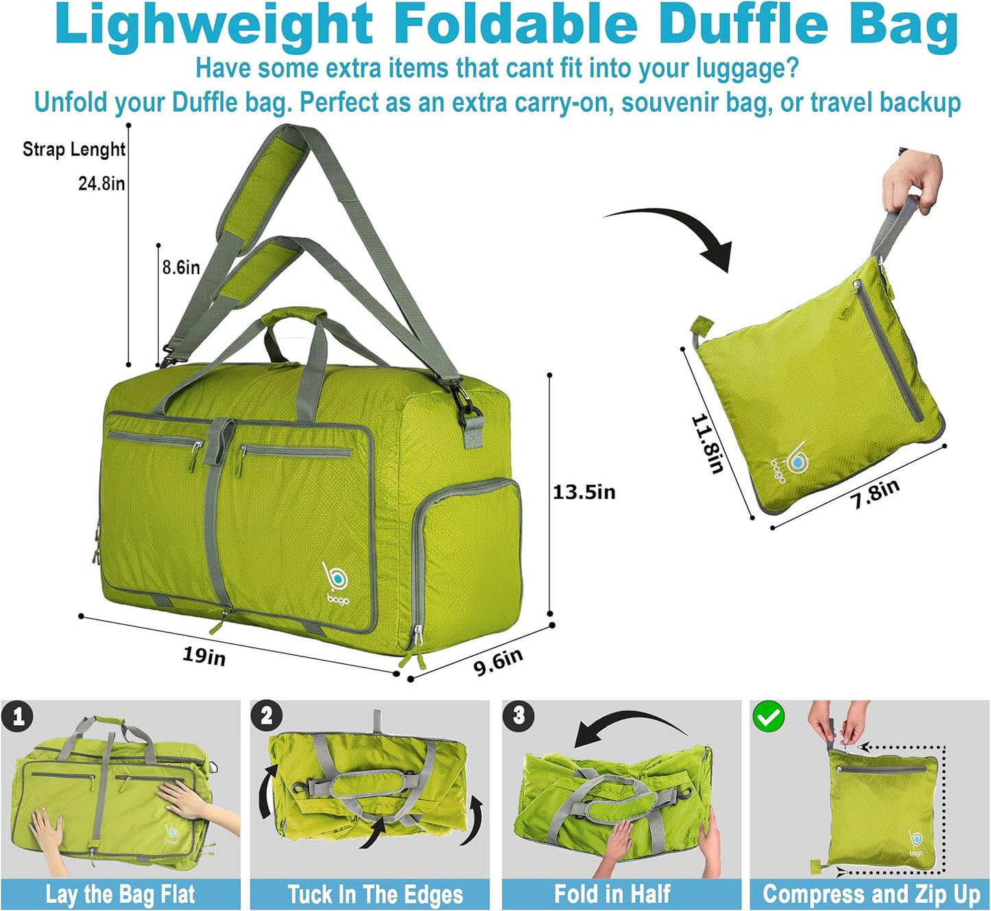 Bago Foldable Duffel Bags for Traveling Women & Men - 40L Sports Packable Duffle Bag for Travel with Shoe Compartment - Water Repellant, Heavy Duty, Lightweight Folding & Collapsible (Green)