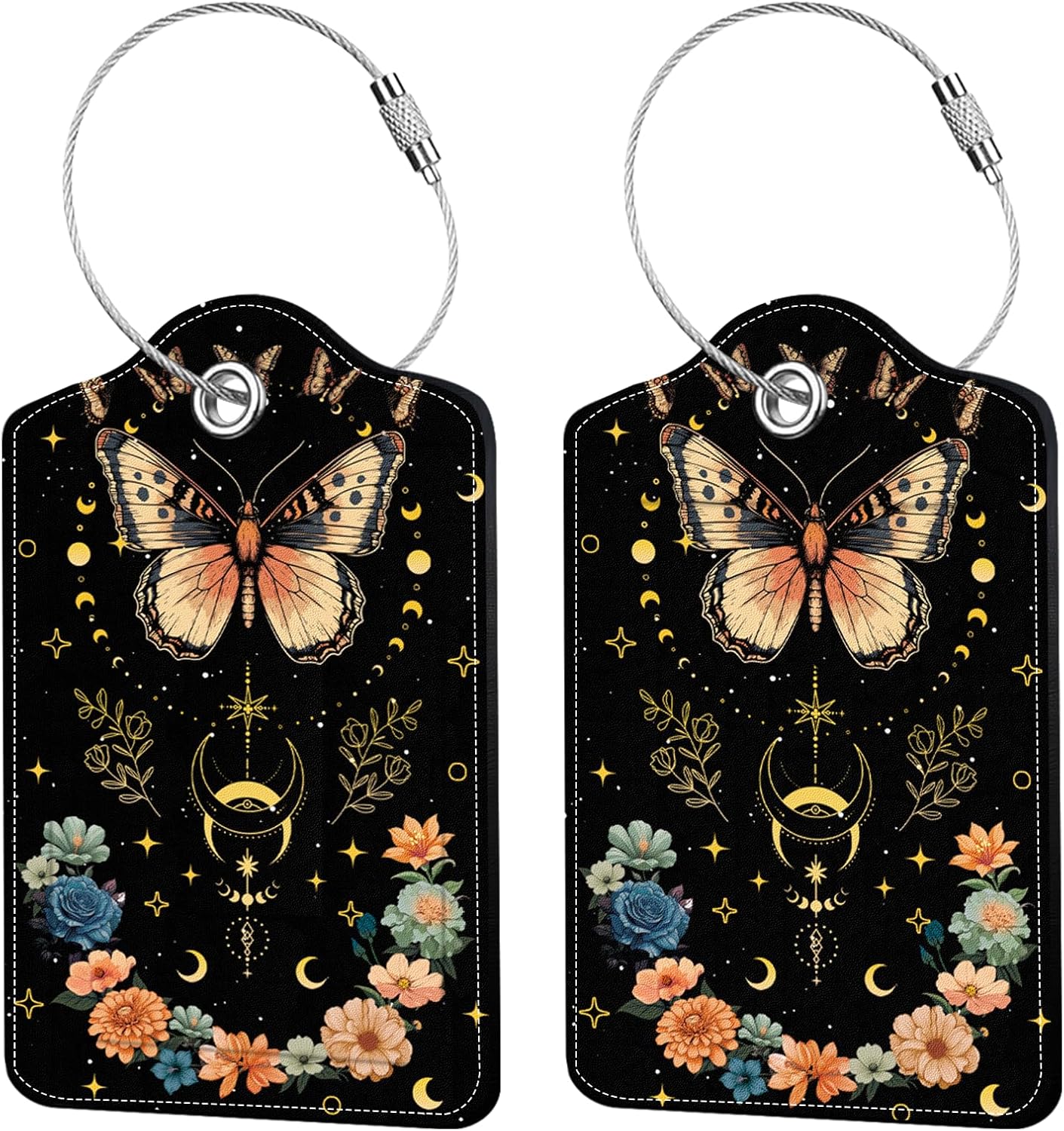 2 Pack Floral Butterfly Luggage Tags for Suitcase, Black Leather Luggage Tags, Privacy Cover ID Label with Stainless Steel Loop & Address Card, Butterfly Travel Bag Tag Travel Accessories for Suitcase