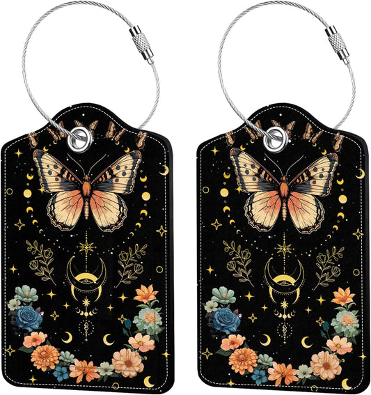 2 Pack Floral Butterfly Luggage Tags for Suitcase, Black Leather Luggage Tags, Privacy Cover ID Label with Stainless Steel Loop & Address Card, Butterfly Travel Bag Tag Travel Accessories for Suitcase