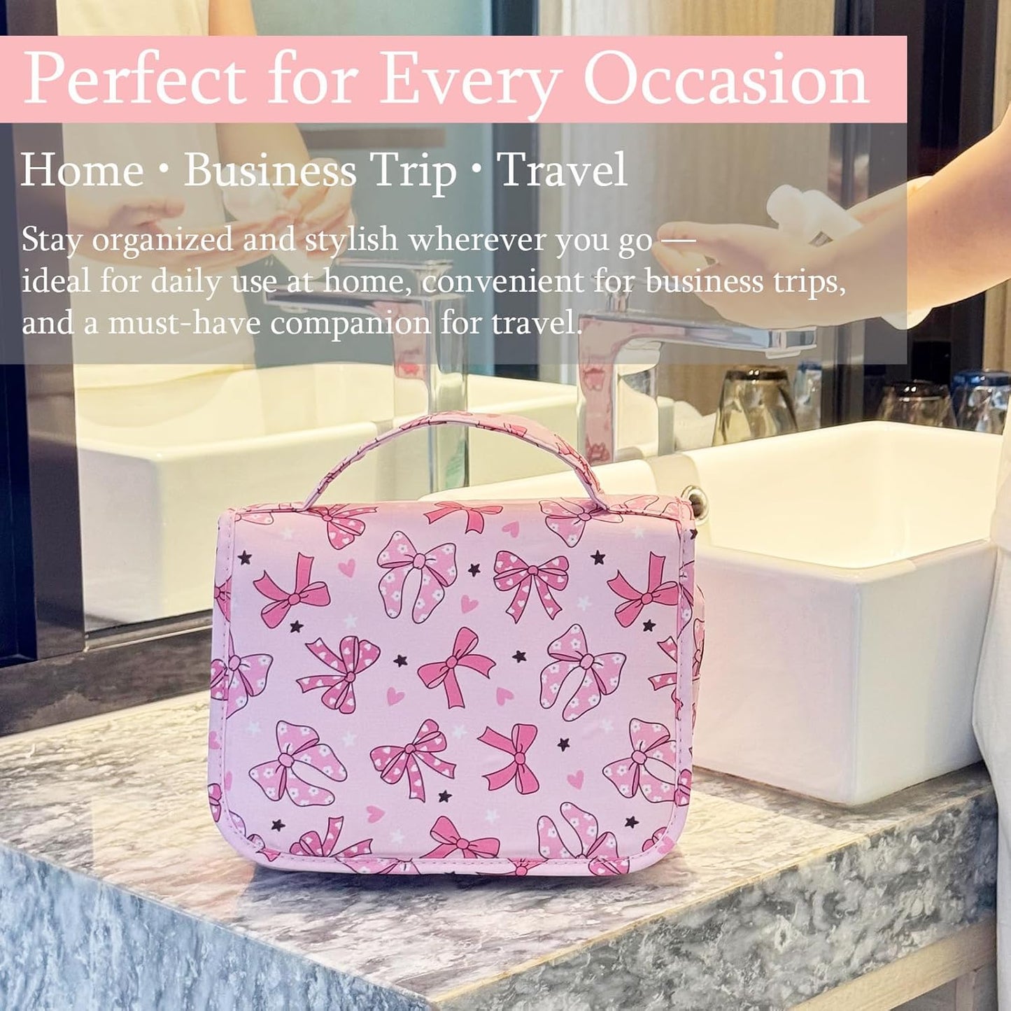 Crazy Bison Pink Bows Hanging Travel Toiletry Bag Kit Makeup Bag Cosmetics Organizer for Men Women (Pink Bows)