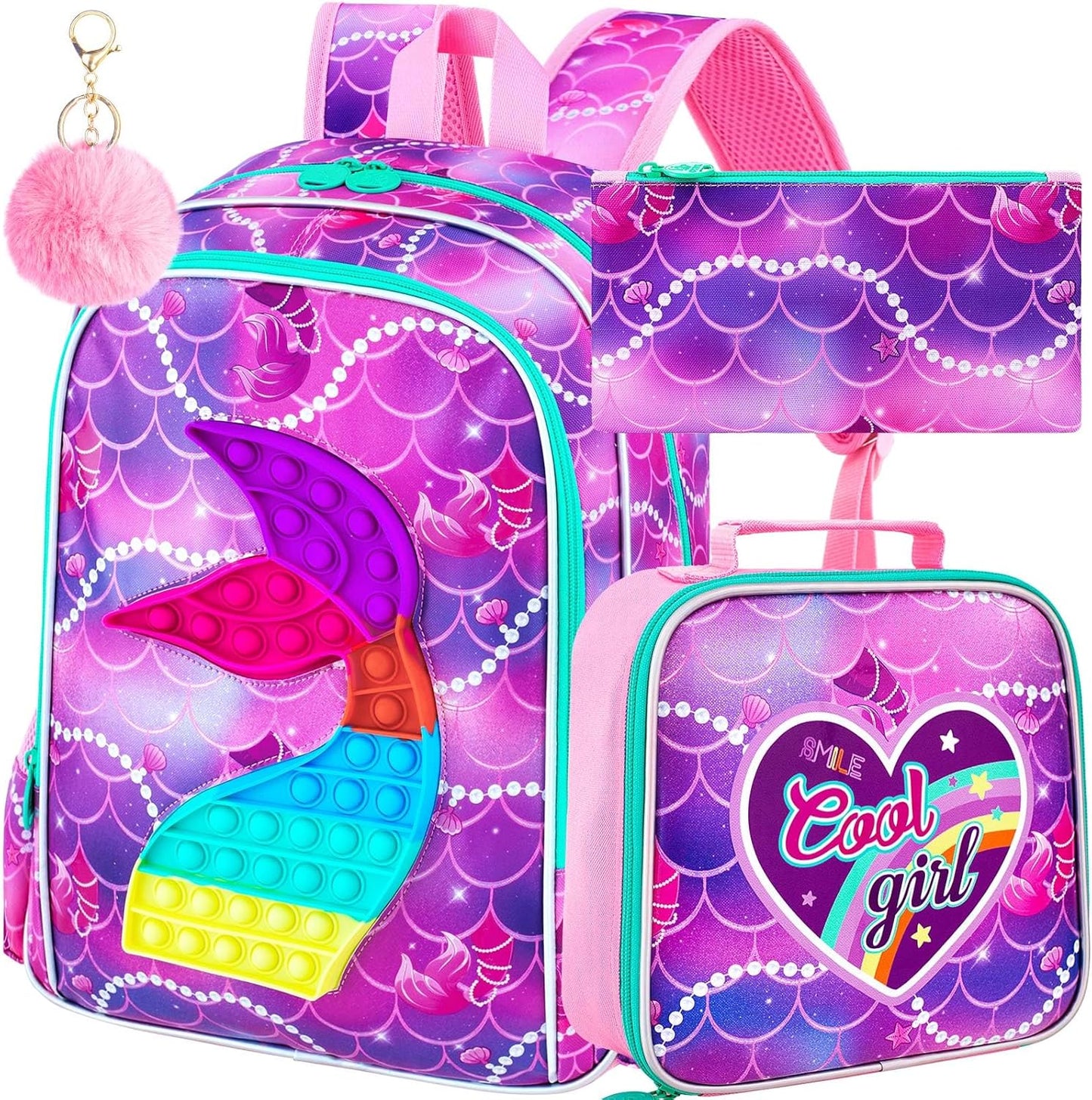 AGSDON 3PCS Mermaid Backpack for Girls, 16" Kids Backpacks Water Resistant with Lunch Box, Bookbag for Elementary Preschool