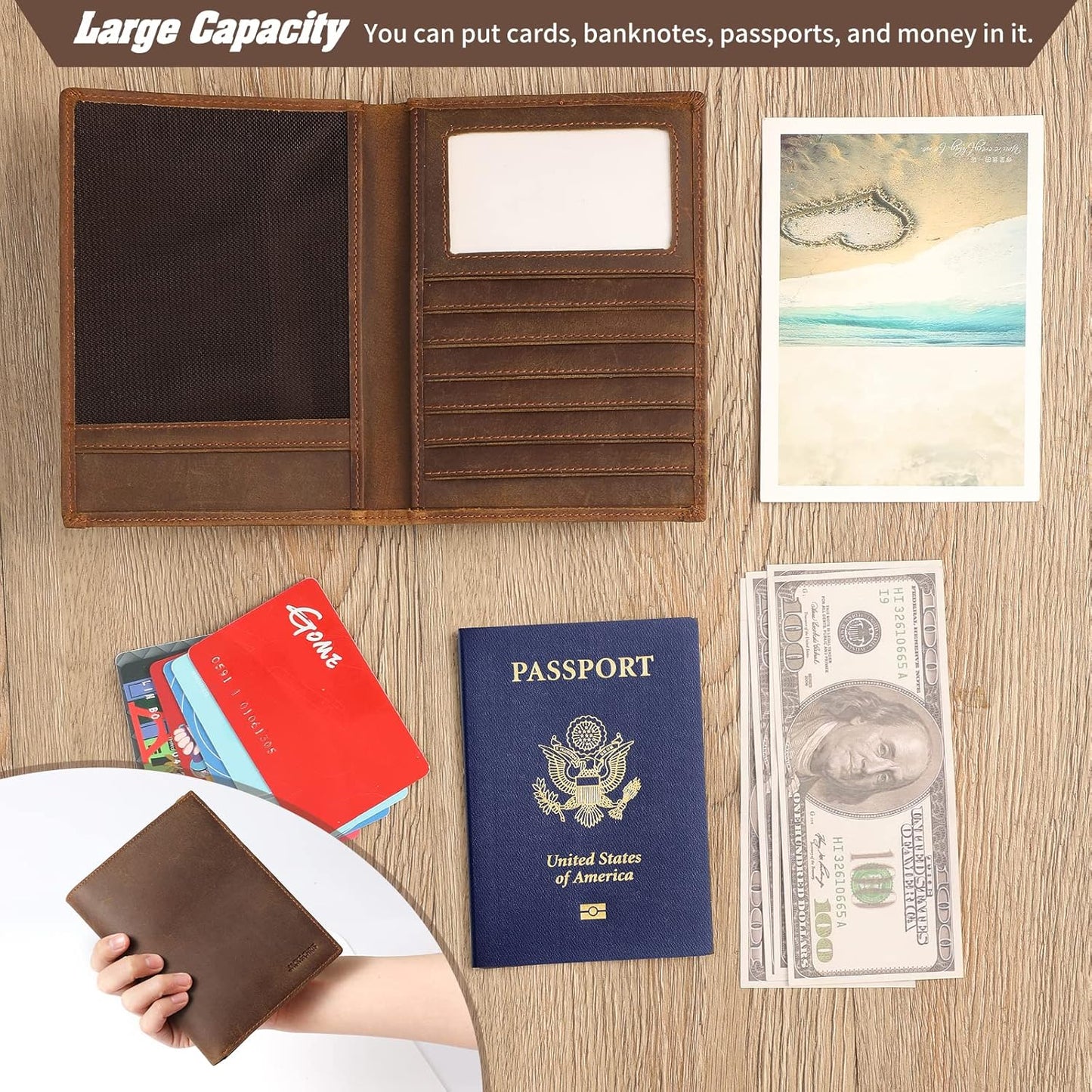 Genuine Leather Passport Holder, RFID Blocking Travel Wallet for Men & Women (Brown)