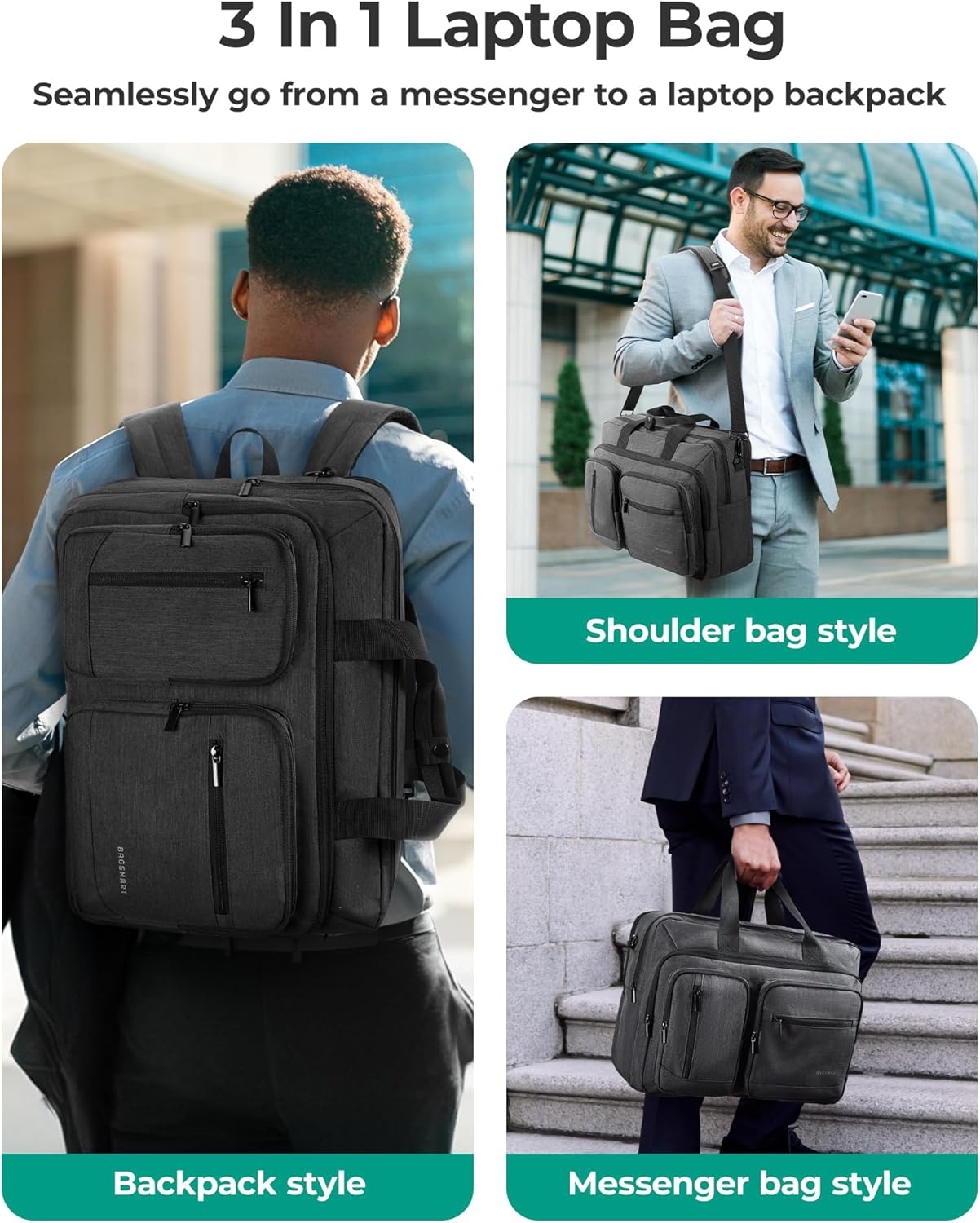 BAGSMART 3 In 1 Laptop Bag for Men, Computer Briefcase 17.3 Inch Laptop Water-Repellent Shoulder Bag, Computer Bag Business Travel Office, Black