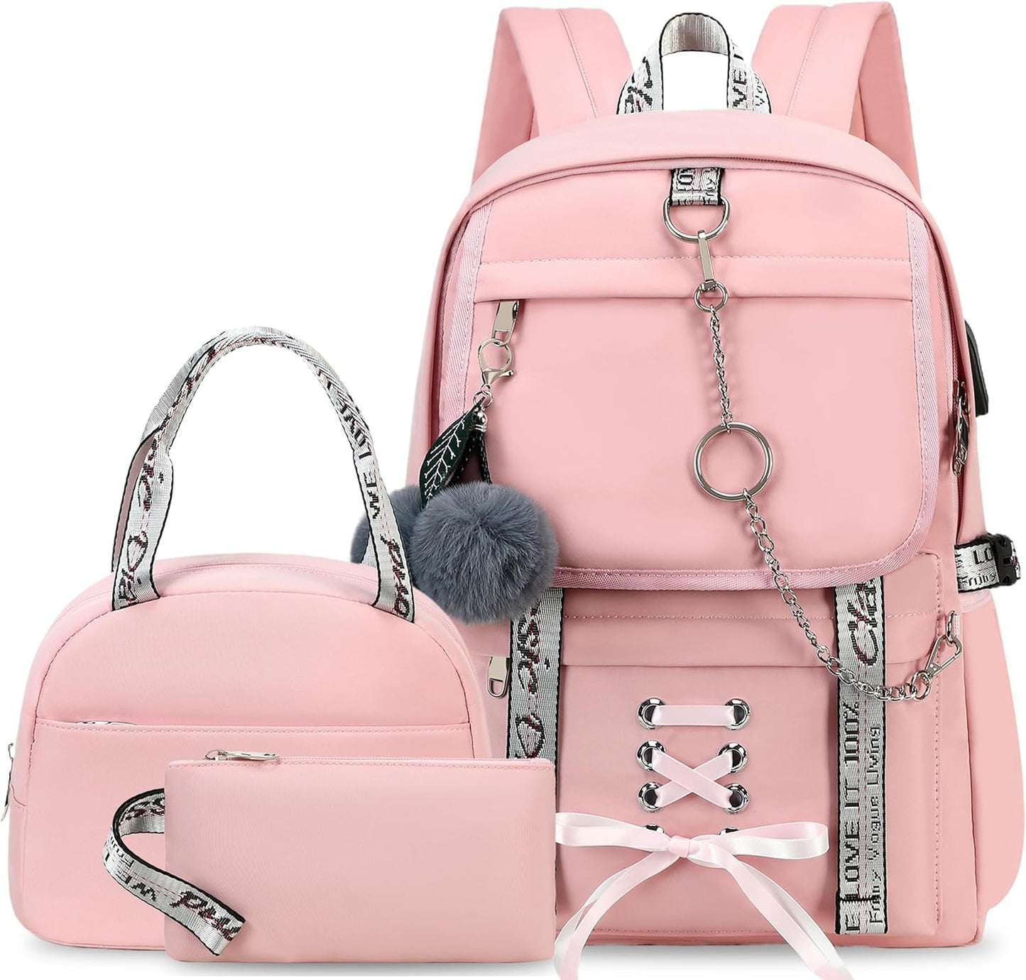 School Backpacks for Girls Backpack with Lunch Box Cute Kids Backpack for School Girls Teens Bookbag Set (Pink)