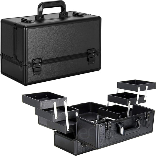 Ver Beauty Makeup Organizer, Cosmetic Travel Kit, Makeup Artist Supplies, 6-Tier Lockable Storage Box, Makeup Train Case, Aluminium Case, Lightweight & Portable Makeup Vanity (Black)