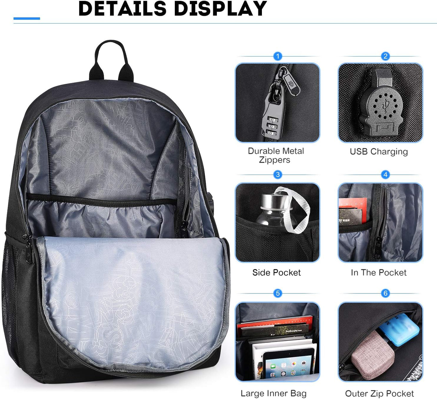 School Backpack for Teen Boys, Skateboard Anime Luminous Backpack with USB Charging Port, Anti Theft Lock and Pencil Case, College School Bookbag Lightweight Laptop Bag, Black