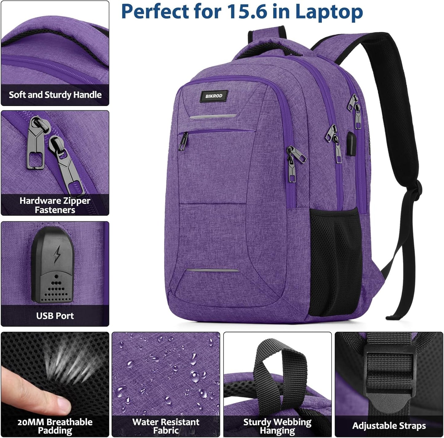 BIKROD Backpack for Men Women, School Backpacks for Teen Boys, Business Anti Theft Sturdy Travel Laptop Backpack with USB Charging Port, Water Resistant 15.6 Inch Computer Bag Gift, Purple