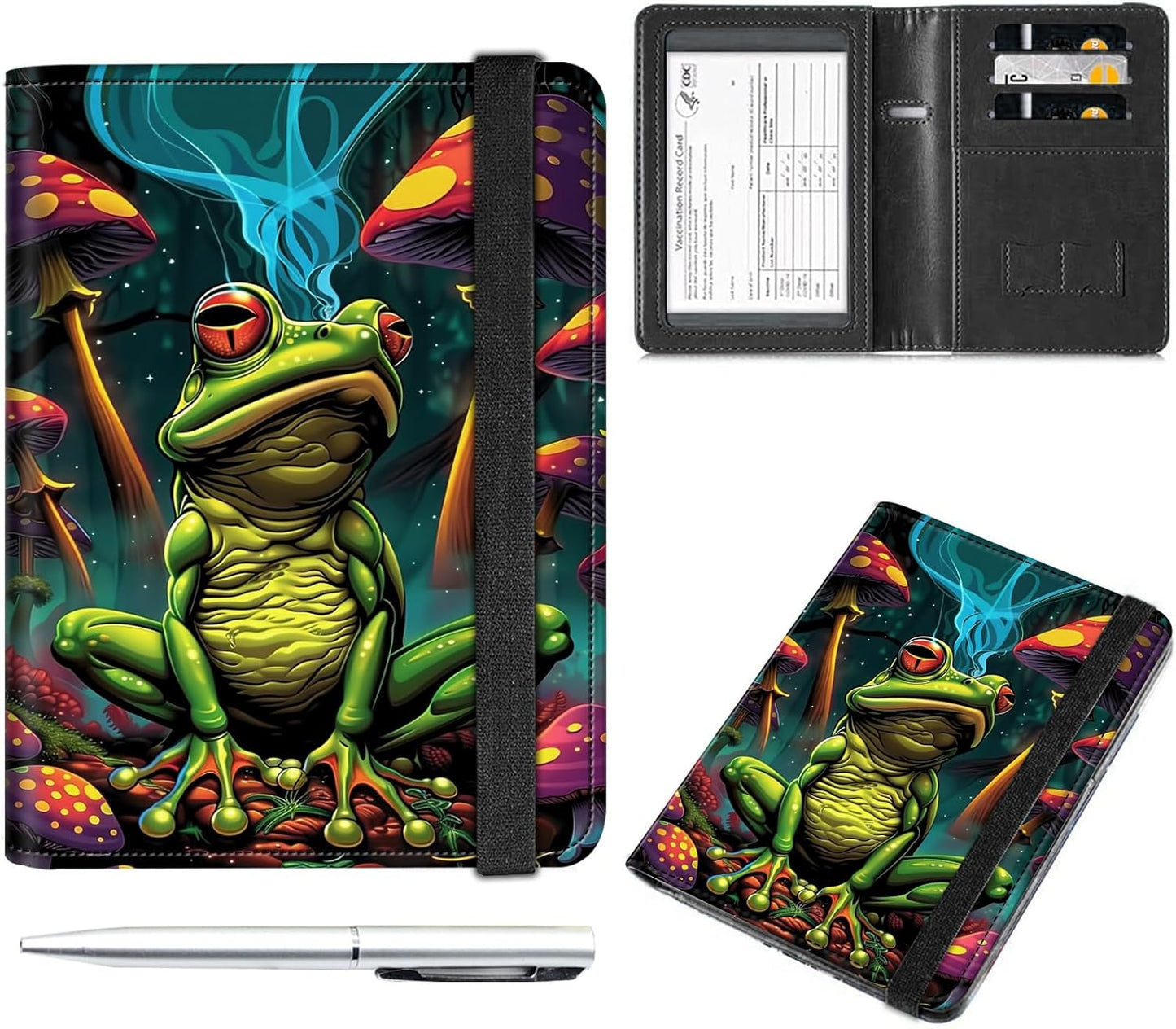 Passport and Vaccine Card Holder Cover Combo,Travel Passport Holder Wallet with RFID Blocking, Leather Vaccine Card Slot Passport Cover Case for Women & Men,Green Frog and Mushroom