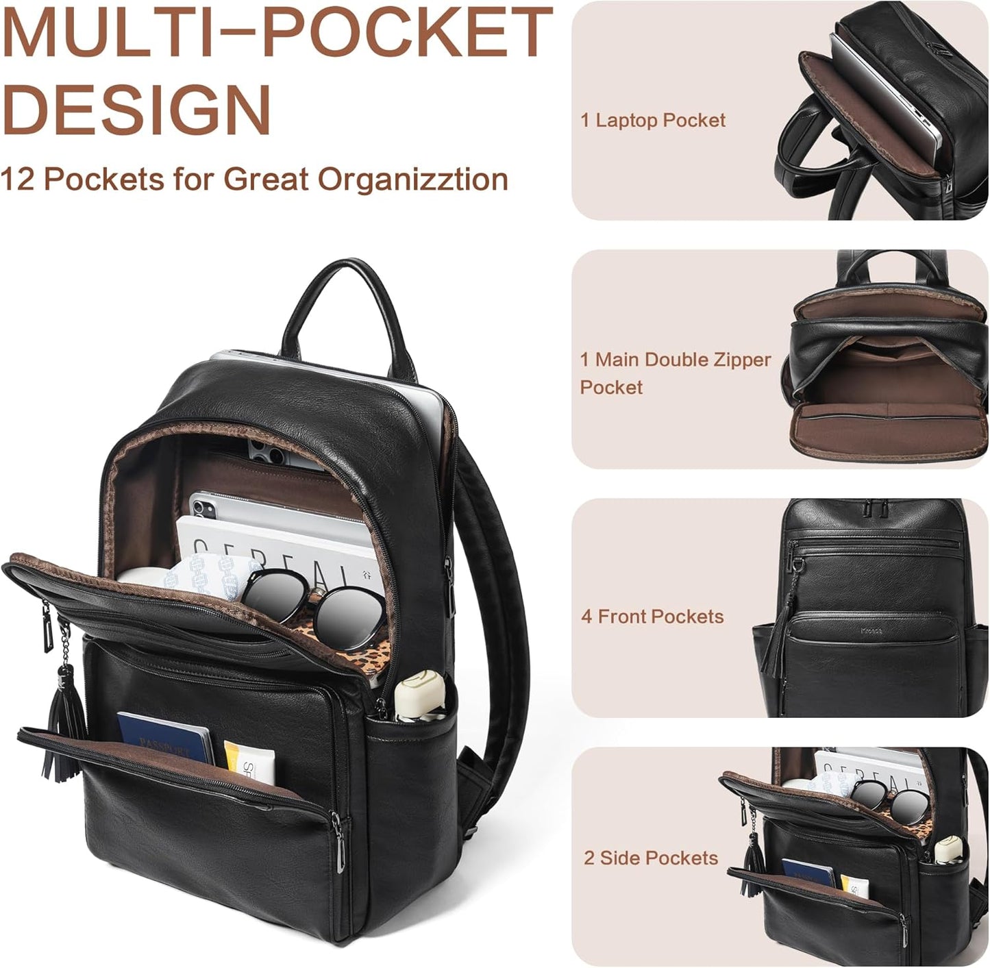 Laptop Backpack for Women,Leather Backpack with 15.6 inch Laptop Compartment,Large Capacity