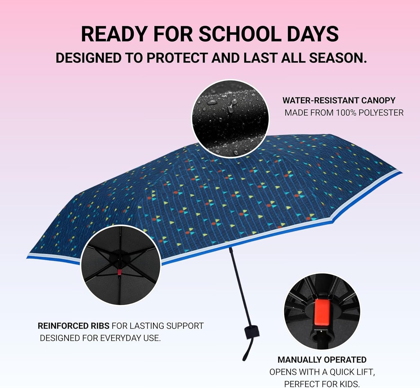 Knirps Rookie Manual Rain Umbrella for Elementary and Middle School Kids – 35.4" Canopy with Reflective Safety Stripe, Carrying Case Included