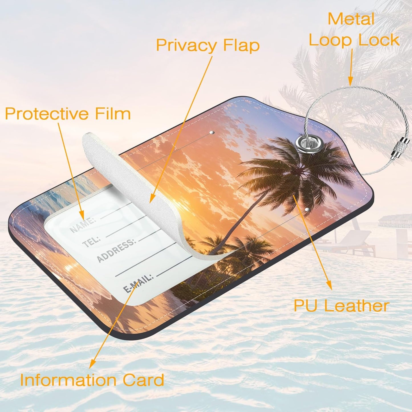 3 Pack PU Luggage Tags for Suitcase, Palm Trees Beach at Sunset Suitcase Tag Leather Privacy Cover ID Label with Stainless Steel Loop for Baggage Handbag School Bag Backpack