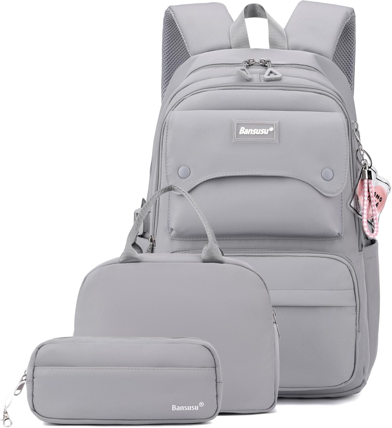 3Pcs Girls Backpack and Lunchbox Set for School Kids, Solid Color School Bag Backpack for Girls with Lunch Bag, Grey