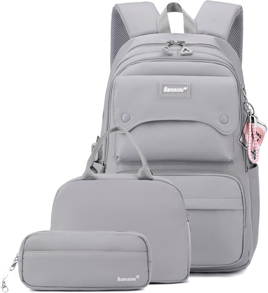 3Pcs Girls Backpack and Lunchbox Set for School Kids, Solid Color School Bag Backpack for Girls with Lunch Bag, Grey