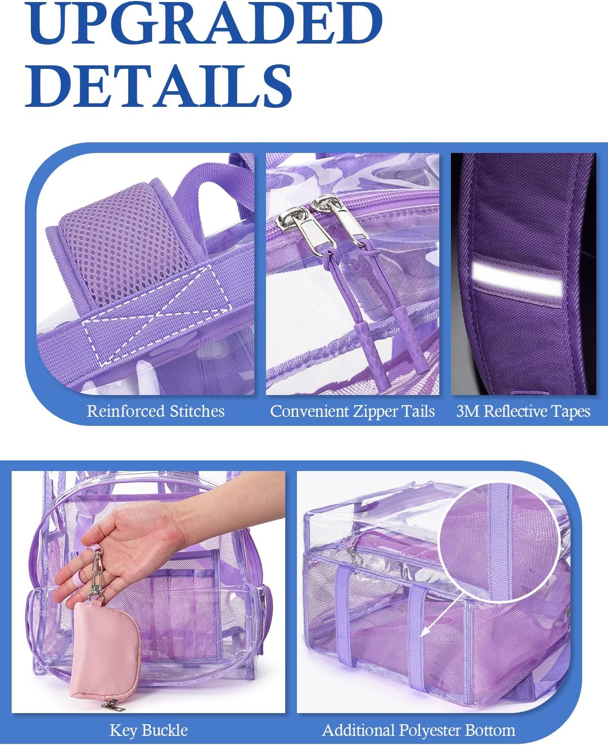 Clear Backpack for School, 17 inch Large Heavy Duty-TPU See Through Bookbag for Boys Girls and Adult, Transparent Backpack With Multi-Pockets for College Work Gym Sport, Light Purple