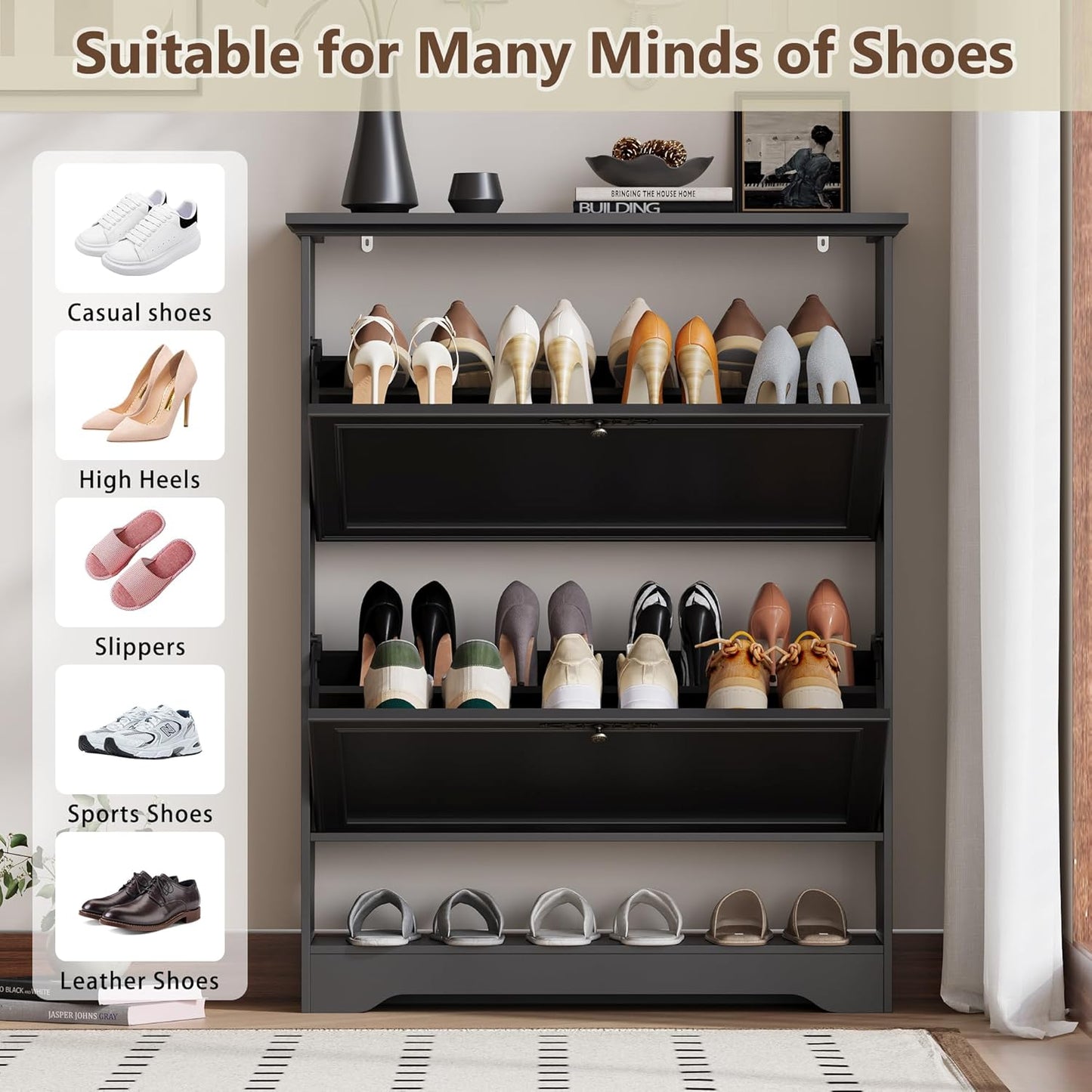 Shoe Cabinet for Entryway, Slim Shoe Storage Cabinet with Adjustable Shelves, Wooden Rack and Organizer for Small Spaces, Closet, Foyer, Hallway