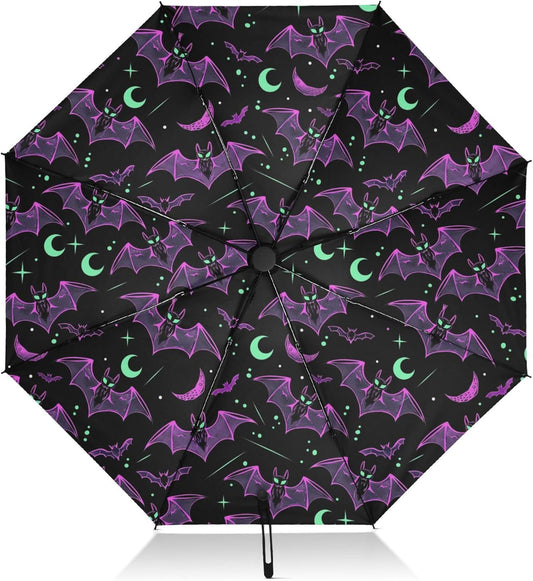 Automatic Folding Umbrella Windproof Strong, UV Protection Compact Black Gothic Moon Spider Webs and Bats Sun Rain Sun Rain Travel Umbrellas for Women Men