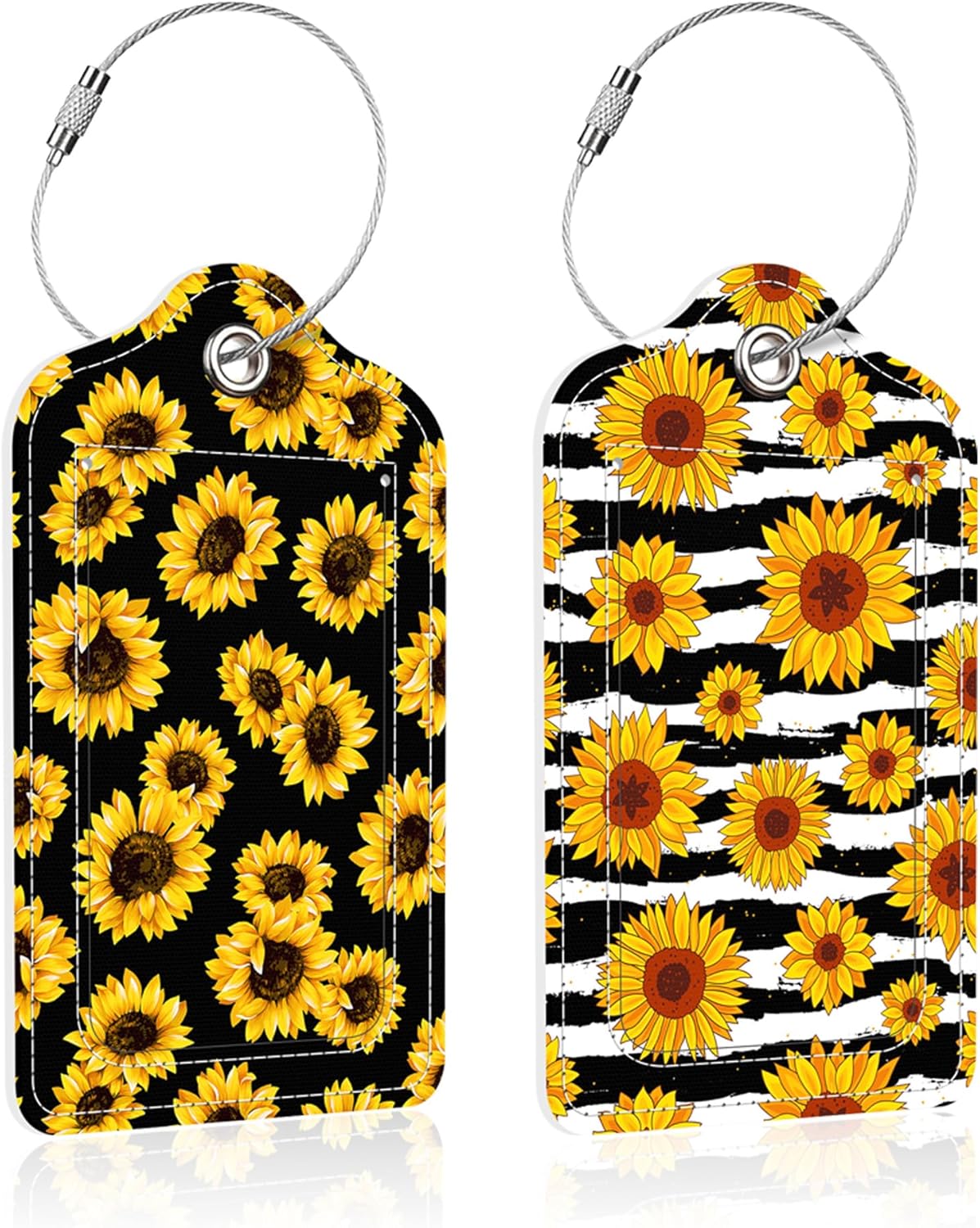 2 Pack Sunflowers on Stripes Luggage Tag for Suitcase,Yellow Sunflowers PU Leather Suitcase Tags Identifiers with Privacy Name Address Labels and Steel Loop for Women Men Travel