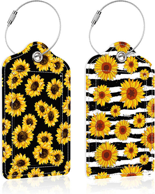 2 Pack Sunflowers on Stripes Luggage Tag for Suitcase,Yellow Sunflowers PU Leather Suitcase Tags Identifiers with Privacy Name Address Labels and Steel Loop for Women Men Travel