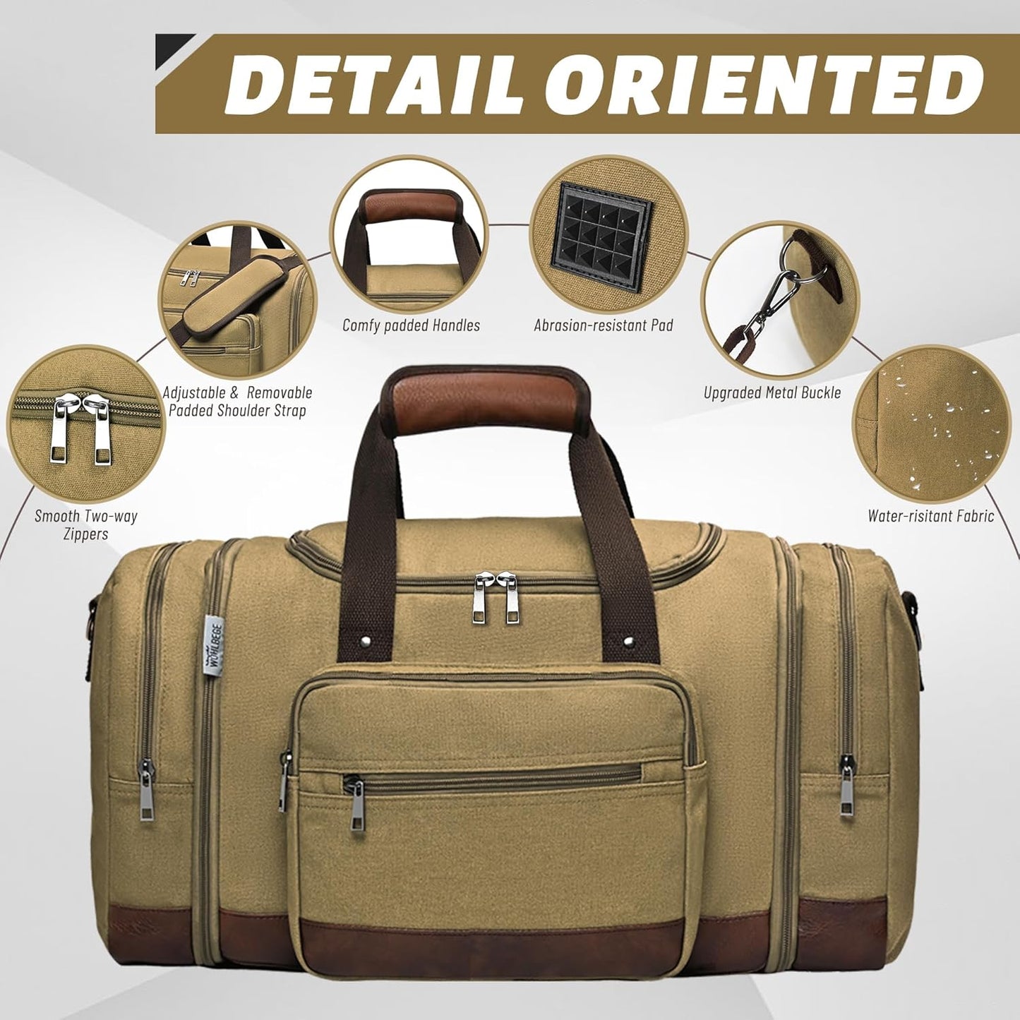 Wolhbege Duffle Bag for Travel,Mens Travel Bag & Carry On Bag for Men with Expandable Design and Luggage Sleeve –Duffel Bag for Gym, Weekender, Overnight Trips Khaki