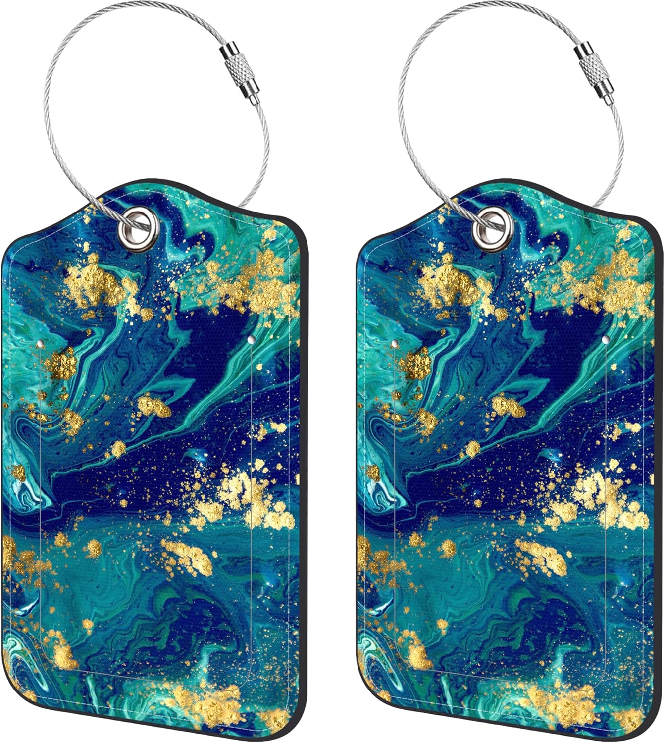 2 Pack Luggage Tags for Suitcase,Blue Marble PU Leather Idea Baggage Tag with Name Labels Privacy Cover Metal Ring Men and Women Travel Cruise Labels