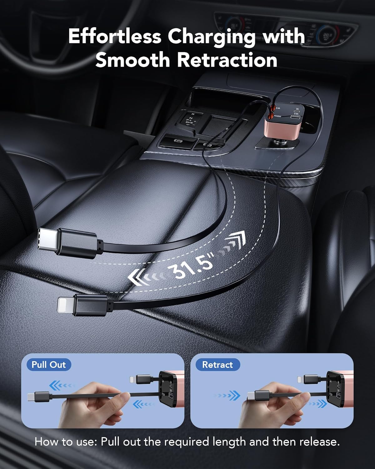 69W Retractable Car Charger, 4-in-1 Fast Car Phone Charger with 2.6ft Two Retractable Cables and USB C+USB A Car Charging Block Cube, Compatible with iPhone 14 15 16 17 Pro Max Plus,Galaxy,Pixel(Pink)