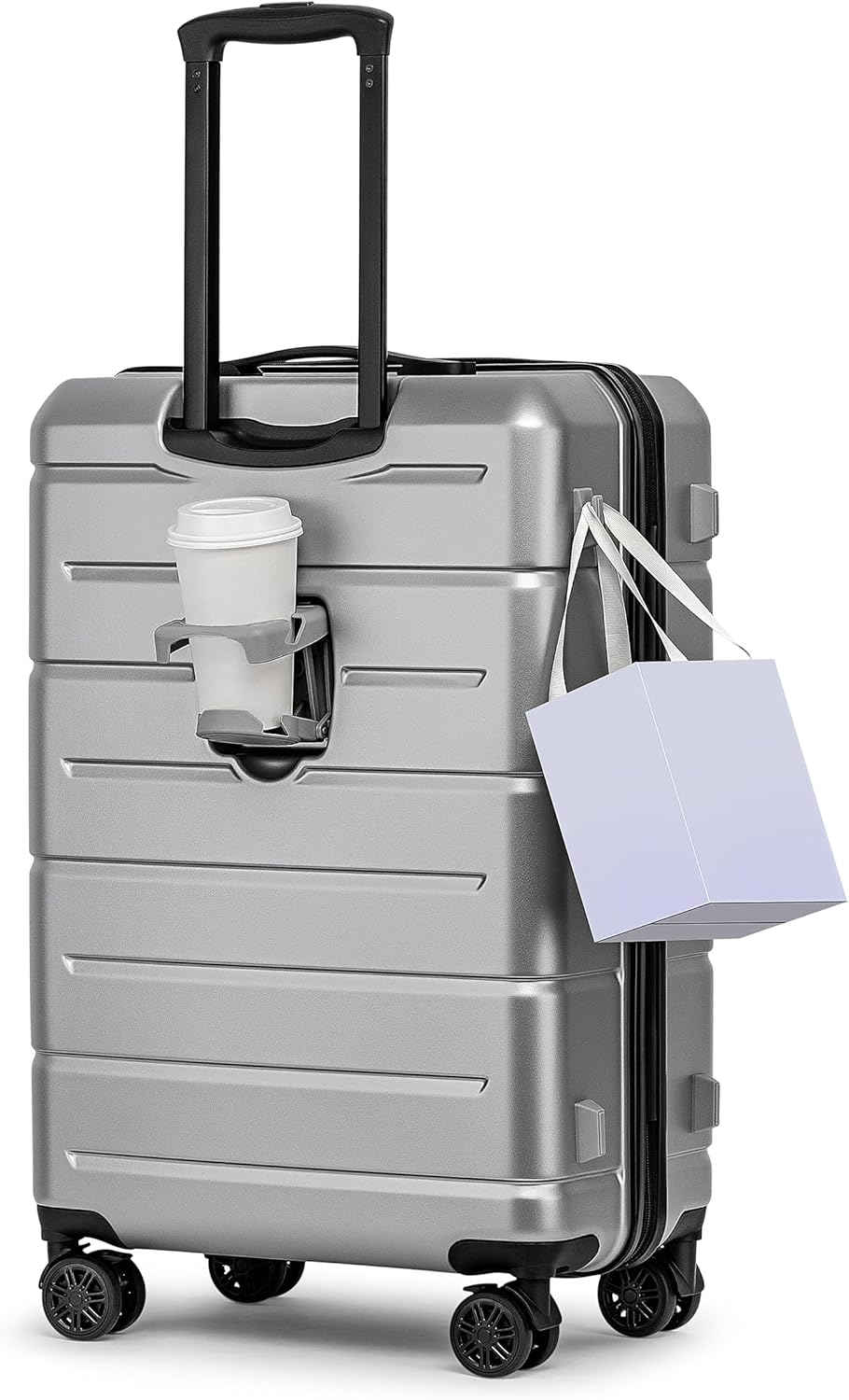 KYME Suitcases with Wheels Hard Shell 26 Inch Luggage with TSA Lock Durable Medium Checked Travel Rolling Luggage with Cup Holder for Women Men Silver Grey