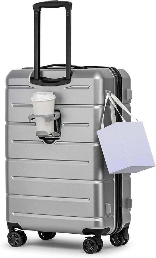 KYME Suitcases with Wheels Hard Shell 26 Inch Luggage with TSA Lock Durable Medium Checked Travel Rolling Luggage with Cup Holder for Women Men Silver Grey
