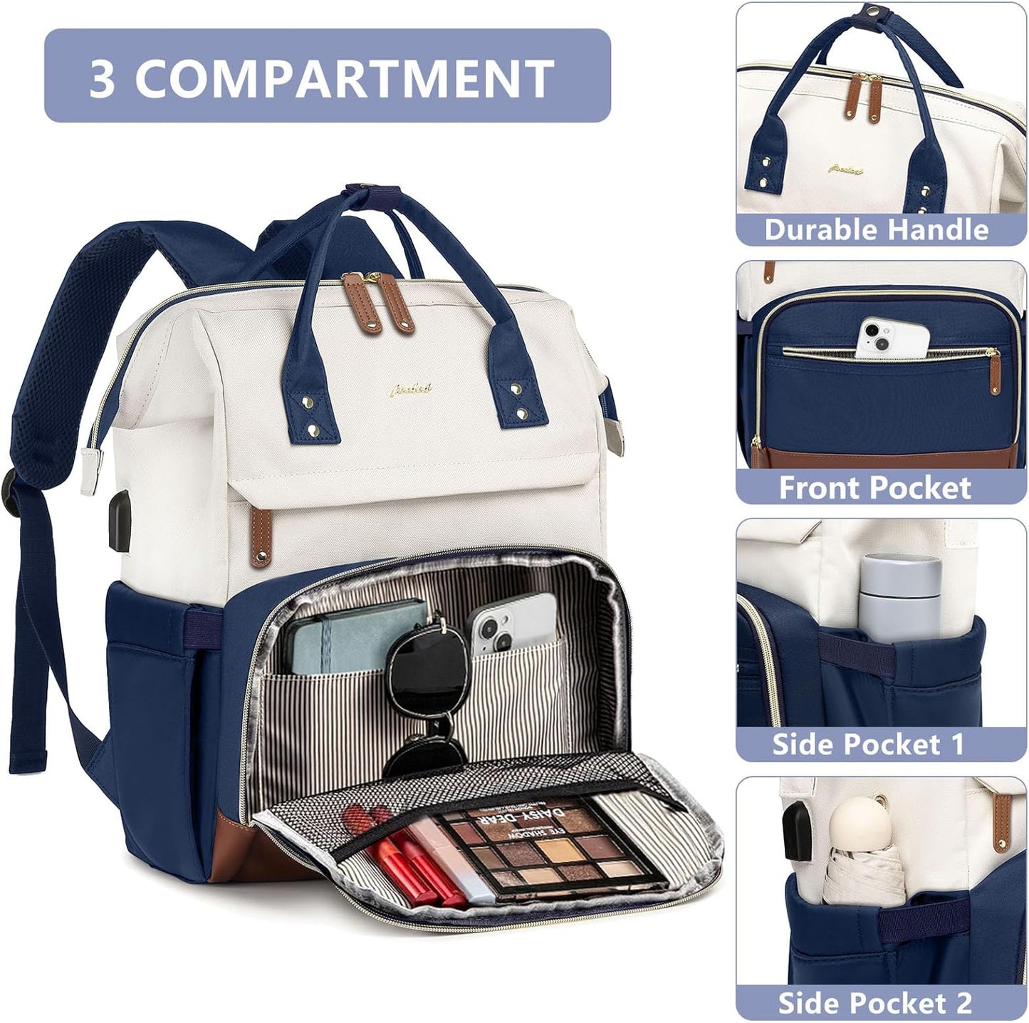 Laptop Backpack for Womem Work Bags: 17.3 Inch Travel BackPacks With USB Charging Port Anti Theft Fashion College BookBag Durable Back Pack Purse Bussiness Daypack for Nurse Teacher Navy Beige