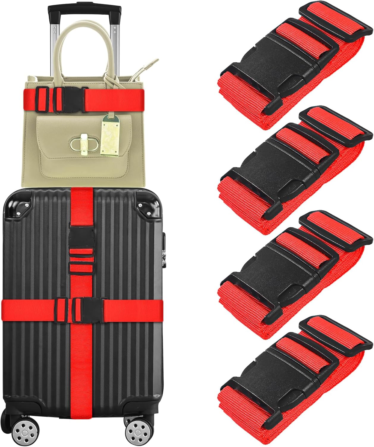 vivinin 4 Pack Luggage Straps, Luggage Belt with Buckle Closure, Adjustable Luggage Belt for Travel Bag Closure, Luggage Security (Red)