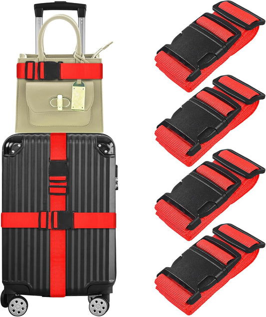 vivinin 4 Pack Luggage Straps, Luggage Belt with Buckle Closure, Adjustable Luggage Belt for Travel Bag Closure, Luggage Security (Red)