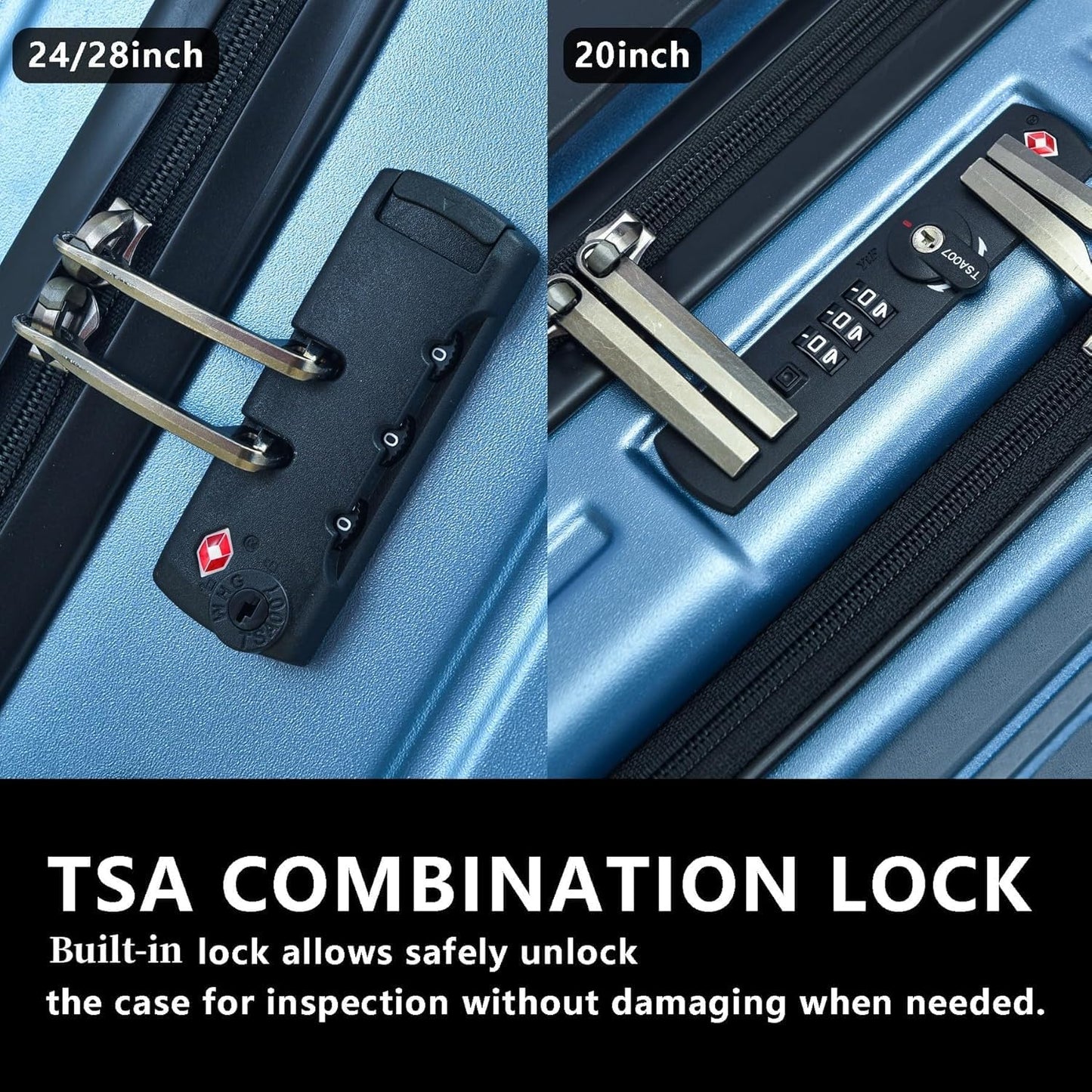 2pcs 20/28" Luggage Set Lightweight HardShell, Only 20 Inch Carry On 21.65*15.35*7.87" Cabin Suitcase with Front Pocket, 28 Inch 19.68*11.81*29.92" Checked Luggage, YKK Zipper, TSA Lock, Blue